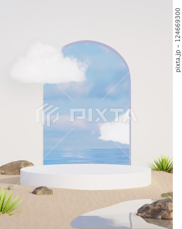 Modern Archway View of Calm Tropical Ocean, 3D render illustration Modern Archway View of Calm Tropical Ocean, 3D render illustration 124669300