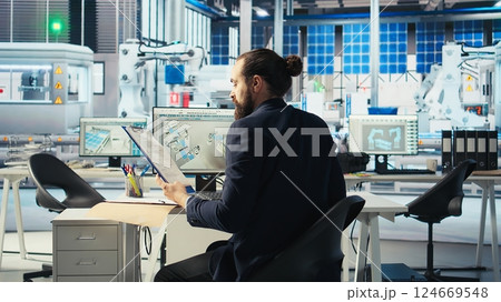 Engineer in photovoltaics factory looking over specifications on documents, diagnosing malfunctioning systems. Specialist reads solar plant machinery paperwork, reducing downtime, camera A Engineer in photovoltaics factory looking over specifications on documents, diagnosing malfunctioning systems. Specialist reads solar plant machinery paperwork, reducing downtime, camera A 124669548