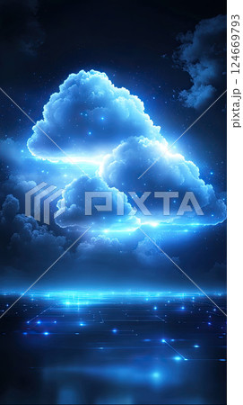 glowing cloud hovers over digital grid, symbolizing futuristic cloud technology 124669793