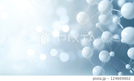 Molecular structure with white spheres and connecting lines on soft blue background 124669802
