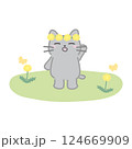 春を満喫する猫とたんぽぽのイラスト 124669909