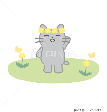 春を満喫する猫とたんぽぽのイラスト 124669909