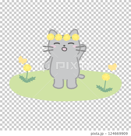 春を満喫する猫とたんぽぽのイラスト 124669909