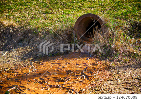 Polluted Water Flowing From a Rusty Drain Pipe Into Contaminated Soil in a Natural Environment 124670009