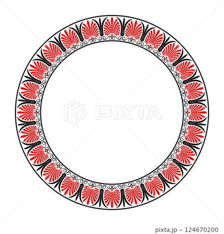 Red with black floral Greek classic frame. Greek meander. Circle of Ancient Greece, Roman Empire. Circle european border. Byzantine painting. Border, plate. Typical egyptian, assyrian, greek motives  124670200