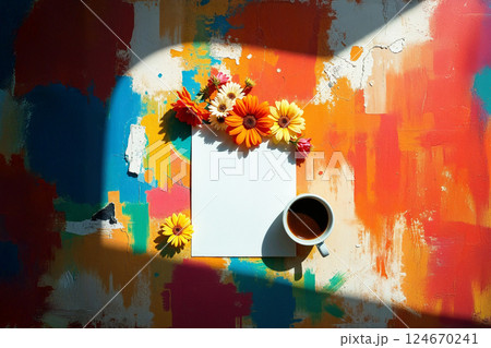 Bright flowers and a blank paper with a coffee cup put on a colorful floor. Art and inspiration, horizontal view. 124670241
