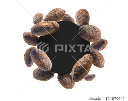 Cocoa beans on a white background with a black circle in the center 124670243