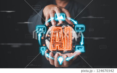 Ai generates creation content concepts. Man's hand use AI icon technology, Marketers education, research, analyze media video streaming online marketing strategies to grow their digital business. 124670342