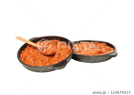 PNG, Frying pans with Bolognese sauce and wooden spoon, isolated on white background 124670415