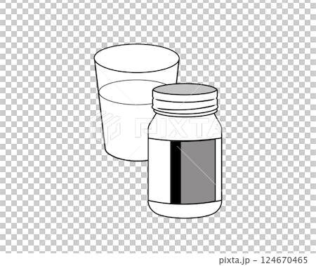 薬瓶と水の入ったコップのシンプルなモノクロイラスト 薬瓶と水の入ったコップのシンプルなモノクロイラスト 124670465