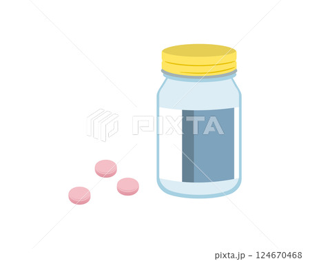 薬瓶とピンク色の錠剤のシンプルなイラスト 薬瓶とピンク色の錠剤のシンプルなイラスト 124670468