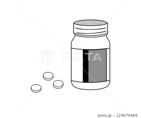 薬瓶と錠剤のシンプルなモノクロイラスト 薬瓶と錠剤のシンプルなモノクロイラスト 124670469