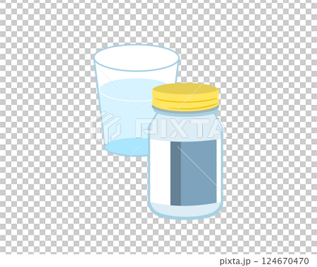 薬瓶と水の入ったコップのシンプルなイラスト 124670470