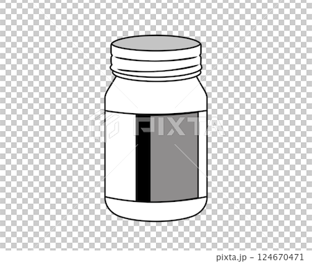 シンプルな錠剤用薬瓶のモノクロイラスト シンプルな錠剤用薬瓶のモノクロイラスト 124670471