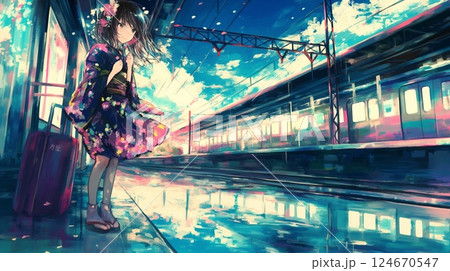 放課後の駅で静かに立つ女子高生の美しい後ろ姿 124670547