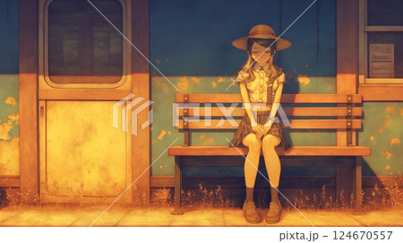黄昏の駅ホームに立つ制服姿の少女のノスタルジック 124670557