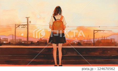 黄昏の駅ホームに立つ制服姿の少女のノスタルジック 124670562