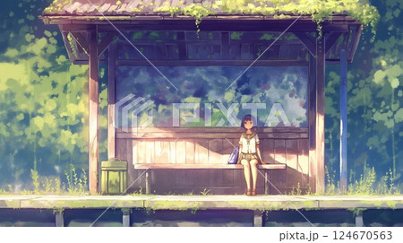 オレンジ色の夕陽が包む駅ホームと少女の透明な時間 124670563
