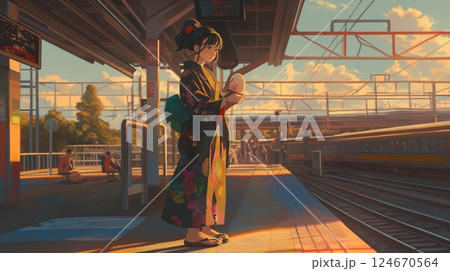 オレンジ色の夕陽が包む駅ホームと少女の透明な時間 124670564