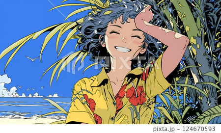 沖縄のかりゆしファッションを着て笑顔いっぱいの若い女性