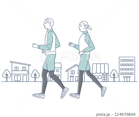 ジョギングをする男性と女性 カップル ランニング 背景あり 手描き風 ジョギングをする男性と女性 カップル ランニング 背景あり 手描き風 124670604