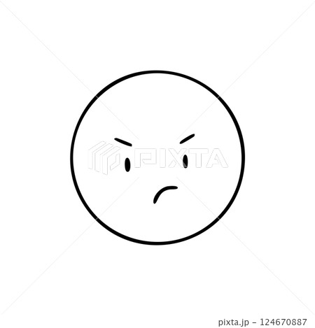 シンプルな手描きのムッとして怒っている顔文字のモノクロイラスト 124670887