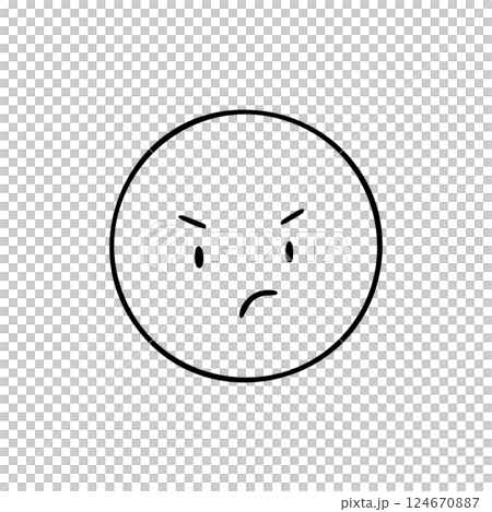 シンプルな手描きのムッとして怒っている顔文字のモノクロイラスト 124670887