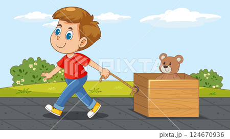 Child Pulling Toy Wagon with Teddy Bear Child Pulling Toy Wagon with Teddy Bear 124670936