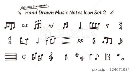 線の編集が可能なベクターデータ。漫画にも使える、手描きのいろいろな音符記号のモノクロのアイコンセット 124671084