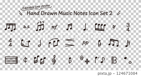 線の編集が可能なベクターデータ。漫画にも使える、手描きのいろいろな音符記号のモノクロのアイコンセット 124671084