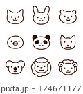 かわいい動物の顔のイラストセット-線画 124671177