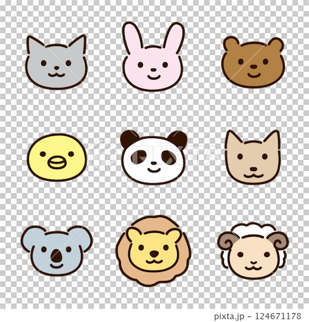 Cute animal face illustration set - line art and color 124671178