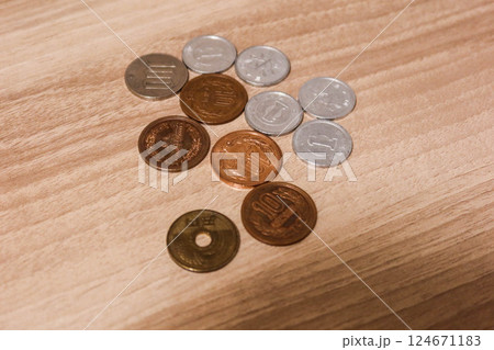 a group of Japanese yen coins in value one, one hundred, ten and five dollars on a wooden table with copy space a group of Japanese yen coins in value one, one hundred, ten and five dollars on a wooden table with copy space 124671183