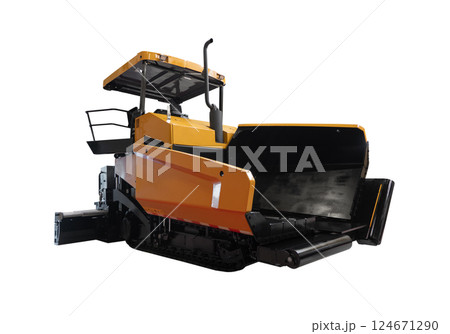Asphalt paver machine isolated on white background. Asphalt paver heavy equipment isolated. Asphalt paver machine isolated on white background. Asphalt paver heavy equipment isolated. 124671290