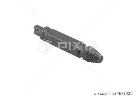 Steel screw extractor tool for removing broken screws or bolts isolated on white background. Drill extractor for unscrewing damaged screws. Tools for removing broken bolts 124671320