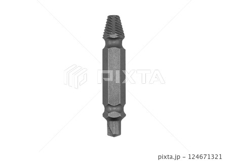 Steel screw extractor tool for removing broken screws or bolts isolated on white background. Drill extractor for unscrewing damaged screws. Tools for removing broken bolts 124671321