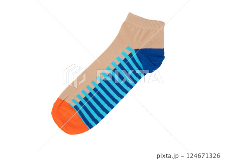 Socks with different lines isolated on white background. Colorful socks son white background. Colored socks isolated on white background 124671326