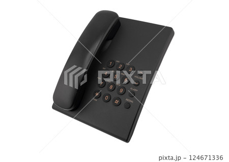 Black button telephone isolated on white background. Customer service support. Call center concept. Black button telephone isolated on white background. Customer service support. Call center concept. 124671336