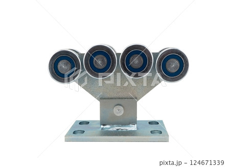Steel wheel with bearing for sliding gates isolated on white background.  Accessories for sliding gates. Roller for sliding gates. 124671339