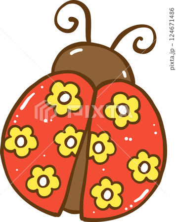 Groovy Retro Spring Ladybug Flower Doodle Hand Drawn 124671486