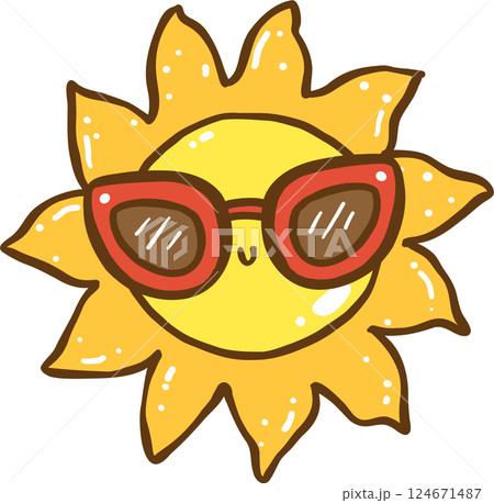 Groovy Retro Sun with glassses Doodle Hand Drawn 124671487