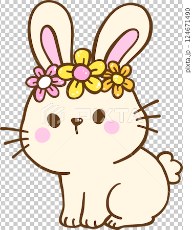 Cute Retro Spring Bunny Rabbit with Flower Crown Wreath Doodle Hand Drawn 124671490