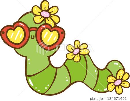 Groovy Retro Spring Cute Worm Doodle Hand Drawn 124671491