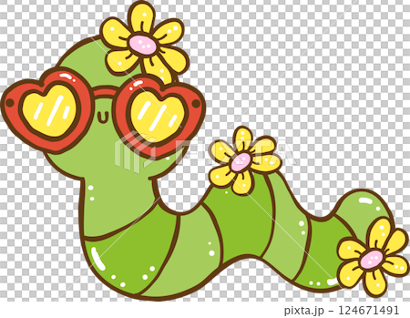 Groovy Retro Spring Cute Worm Doodle Hand Drawn 124671491
