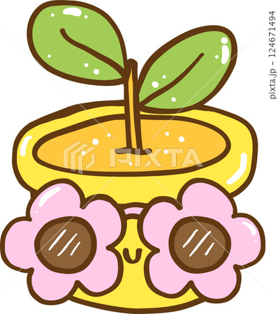 Groovy Retro Spring Potted Plant Doodle Hand Drawn 124671494