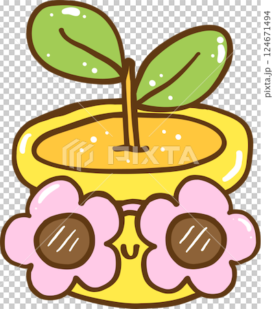 Groovy Retro Spring Potted Plant Doodle Hand Drawn 124671494