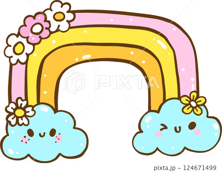 Groovy Retro Spring Flower Rainbow Cloud Doodle Hand Drawn 124671499