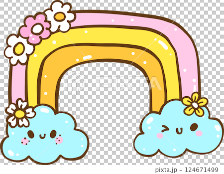 Groovy Retro Spring Flower Rainbow Cloud Doodle Hand Drawn 124671499