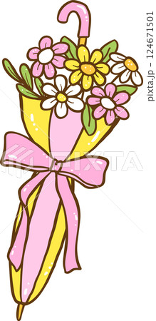 Groovy Retro Spring Umbrella Flowers Doodle Hand Drawn 124671501