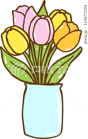 Cute Retro Spring Tulip Flowers in Vase Doodle Hand Drawn 124671504